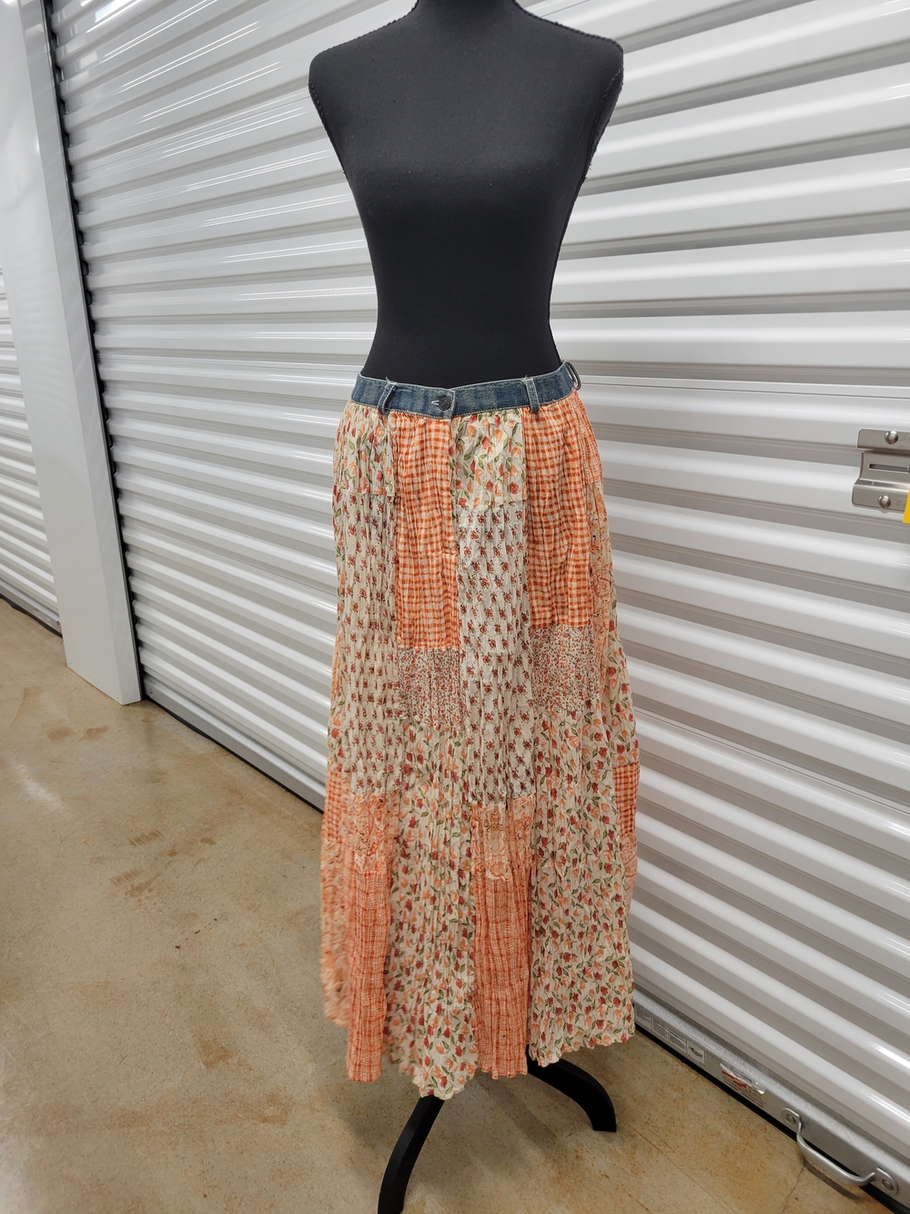 Cute Options M Patchwork Boho Western Fairy Tiered Long Skirt Denim Waist Band